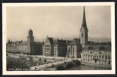 AK Zürich, Post, Stadthaus und Fraumünster