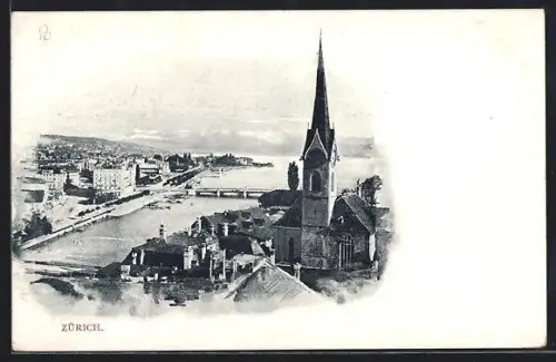 AK Zürich, Panorama mit Kirche