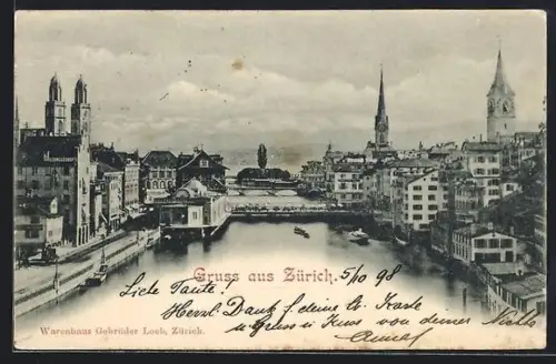 AK Zürich, Uferpartie mit Brücke