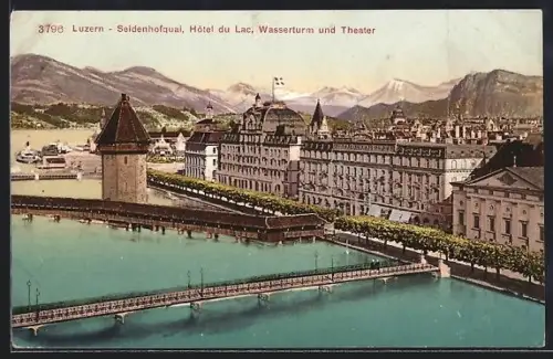AK Luzern, Seidenhofquai mit Hôtel du Lac, Wasserturm und Theater