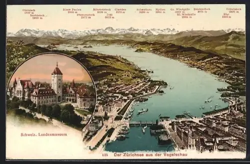 AK Zürich, Eidgenössisches Schützenfest 1907, Schweiz. Landesmuseum, Der Zürich-See mit ERlenbach, Küsnacht u. Glärnisch