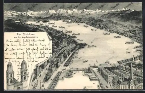AK Zürich, Der Zürichsee aus der Vogelperspektive, um 1900