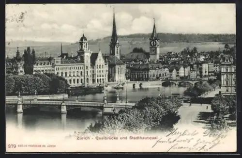 AK Zürich, Quaibrücke und Stadthausquai mit Kirche