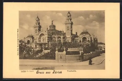 AK Zürich, Tonhalle mit Strassenpartie