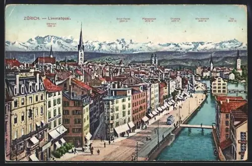 AK Zürich, Limmatquai, Teilansicht mit Glärnisch, Tödi und Drusberg