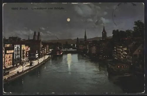 AK Zürich, Limmatquai und Schipfe bei Mondschein