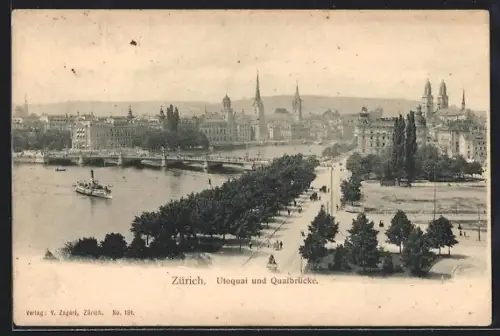 AK Zürich, Utoquai und Quaibrücke mit Kirche