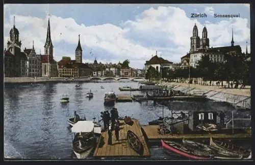 AK Zürich, Sonnenquai mit Kirche