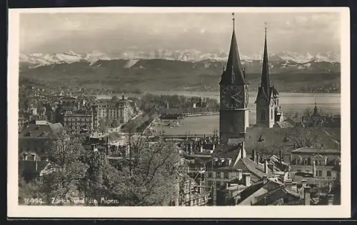 AK Zürich, Teilansicht und die Alpen