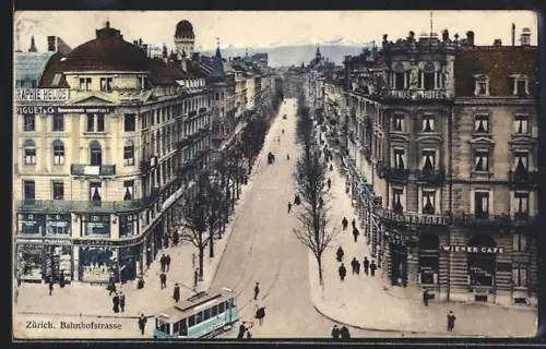 AK Zürich, Strassenbahn in der Bahnhofstrasse, Hotel National