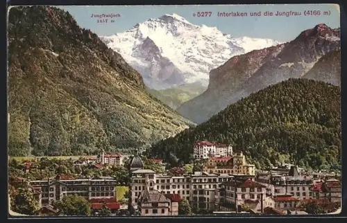 AK Interlaken, Teilansicht des Ortes mit Jungfrau