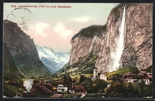 AK Lauterbrunnen, Teiltansicht mit Kirche und Staubbach
