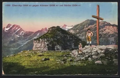 AK Eben-Alp, Aussicht mit Altmann und Säntnis mit Gipfelkreuz
