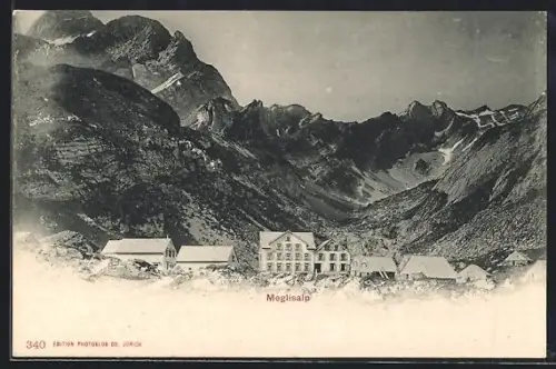 AK Meglisalp, Ortsansicht mit Bergen
