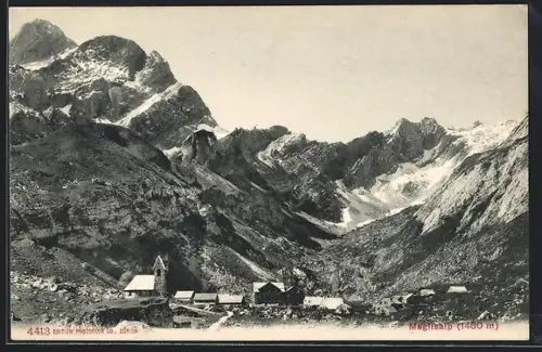 AK Meglisalp, Teilansicht eines Ortes mit verschneitem Gebirgspanorama