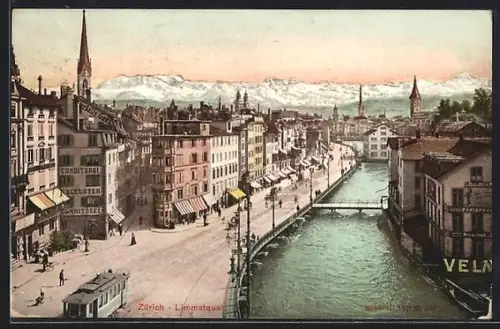 AK Zürich, Limmatquai, Strassenbahn