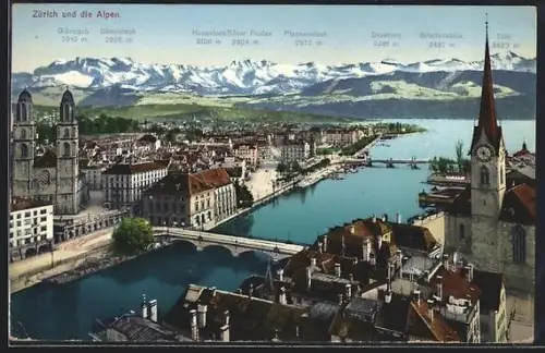 AK Zürich, Teilansicht des Ortes mit Alpenpanorama