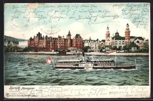 AK Zürich, Alpenquai, Seitenraddampfer bei der Passage vor dem Ort