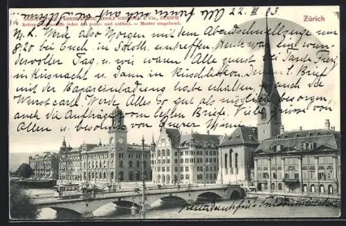 AK Zürich, Ortspartie mit Brücke, Kirche und Strassenbahn