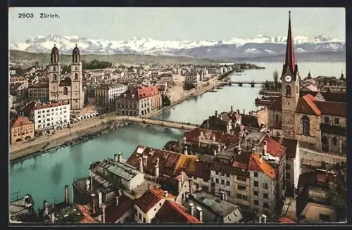 AK Zürich, Vogelschau auf den Ort mit Kirche und Alpenpanorama