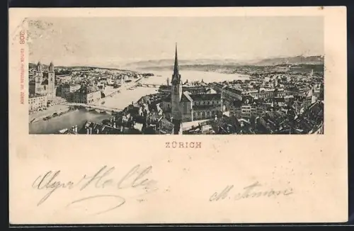 AK Zürich, Vogelschau auf den Ort mit Kirche Gebirgspanorama