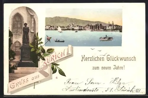 AK Zürich, Denkmal und Ortspanorama vom Wasser aus