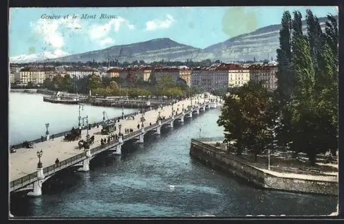 AK Genf, Panorama über die Stadt mit Mont Blanc, Strassenbahn