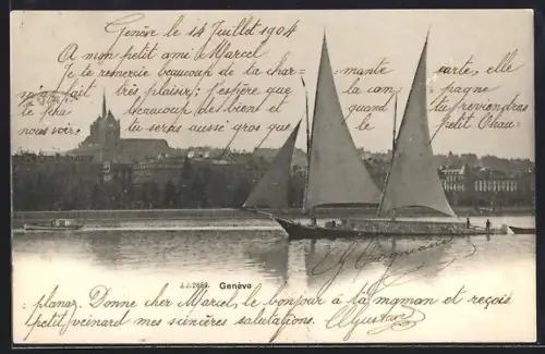 AK Genève, Panorama des Ortes vom Wasser aus gesehen, mit Segelschiff