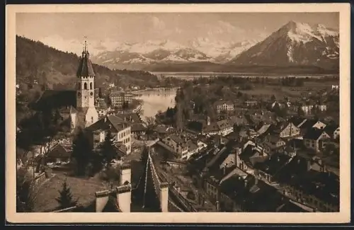 AK Thun, Teilansicht mit Kirche und den Alpen