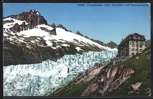 AK Furkastrasse, Ansicht von Rhonegletscher und Hotel Belvédère