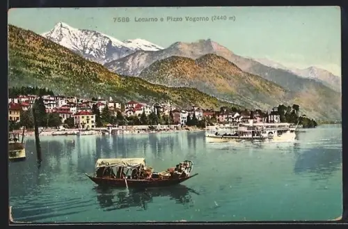 AK Locarno, Teilansicht mit Pizzo Vogorno, Dampfer