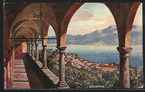 Künstler-AK Locarno, Balkon mit Blick auf den Ort