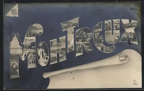 AK Montreux, Strassen, Plätze, Häuser, Denkmäler in den Buchstaben der Stadt
