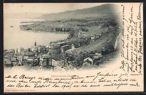 AK Montreux-Clarens, Ortsansicht mit Seeufer aus der Vogelschau