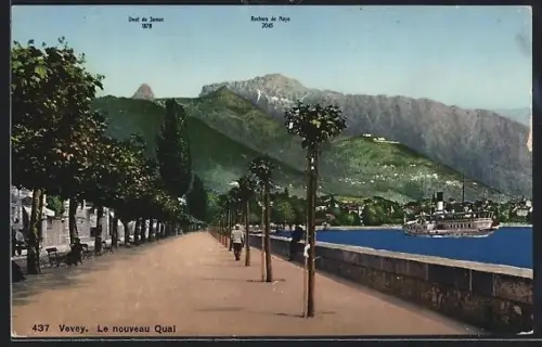 AK Vevey, Le nouveau Quai, Dent de Jaman et Rochers de Naye