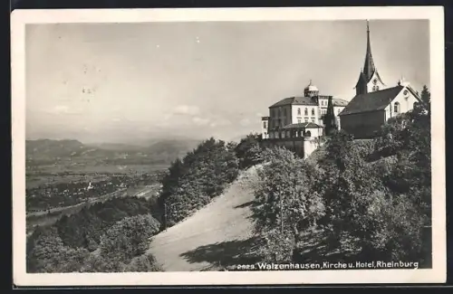 AK Walzenhausen, Kirche u. Hotel Rheinburg
