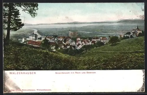 AK Walzenhausen, Gesamtansicht mit Rhein und Bodensee