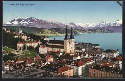 AK Luzern, Teilansicht mit Kirche, Rigi und Alpen