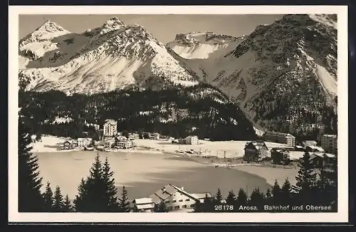 AK Arosa, Bahnhof und Obersee im Winter