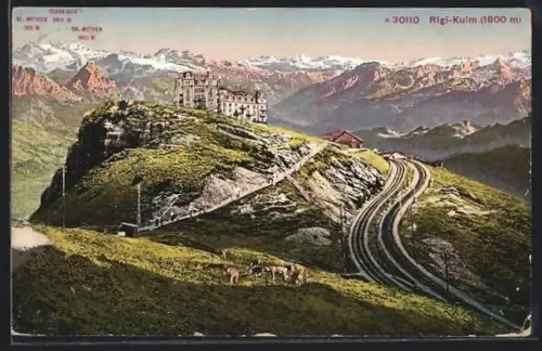 AK Rigi-Kulm, Bahngleise zum Hotel, Blick zum Glärnisch, Kl. und Gr. Mythen