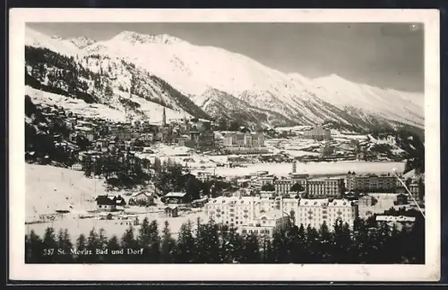 AK Sankt Moritz, Bad und Dorf aus der Vogelschau