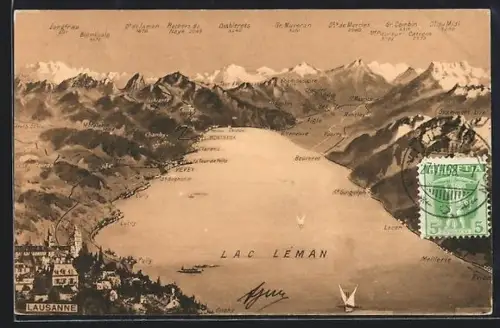 AK Lausanne, Lac Léman und Gipfelpanorama mit Gr. Muveran, Gr. Combin und Diablerets