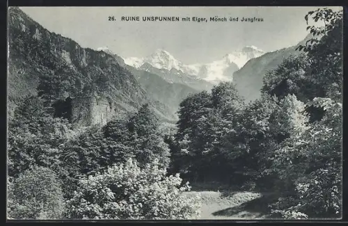 AK Interlaken, Ruine Unspunnen mit Eiger, Mönch und Jungfrau