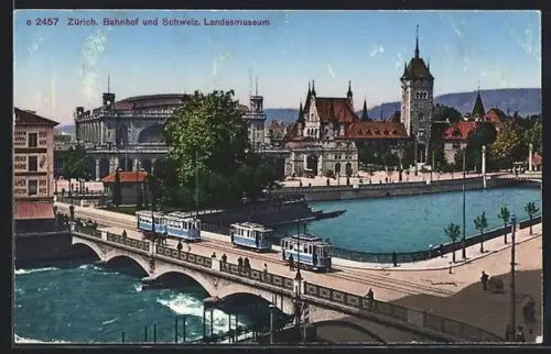 AK Zürich, Strassenbahnen auf der Bahnhofbrücke mit Blick zum Bahnhof