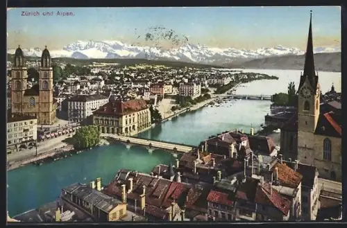 AK Zürich, Ortsansicht aus der Vogelschau, Alpenpanorama
