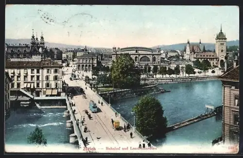 AK Zürich, Bahnhof und Landesmuseum, Strassenbahn auf der Brücke