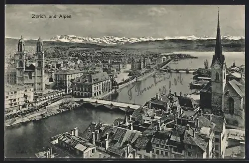 AK Zürich, Ortspartie mit Kirche, Alpenpanorama
