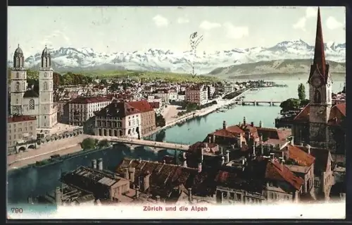 AK Zürich, Ortsansicht und Alpenpanorama