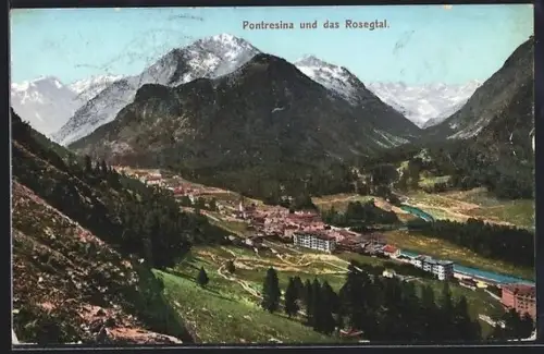 AK Pontresina, Ortsansicht mit Rosegtal