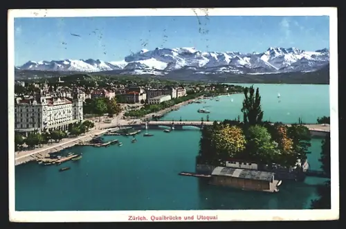 AK Zürich, Quaibrücke und Utoquai
